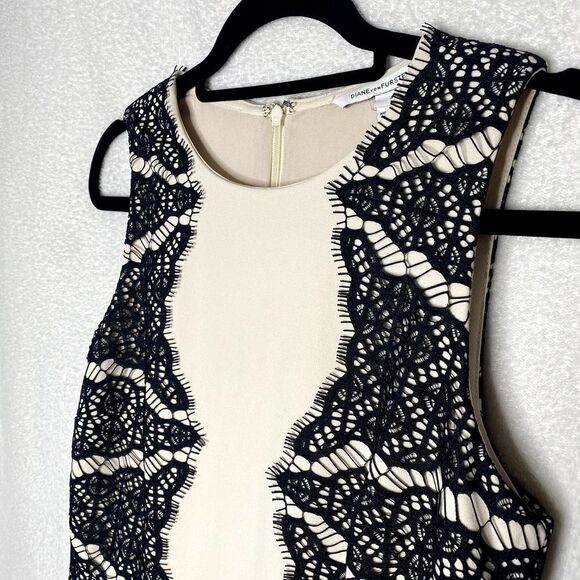 Diane Von Furstenberg Fit & Flare Daniella Lace Panel Mini Dress Cream Black 4 - Picture 3 of 16